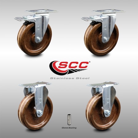 Service Caster 5 Inch SS High Temp Phenolic Top Plate Caster Lock Brake 2 Rigid SCC, 2PK SCC-SSTTL20S514-PHSHT-2-R-2